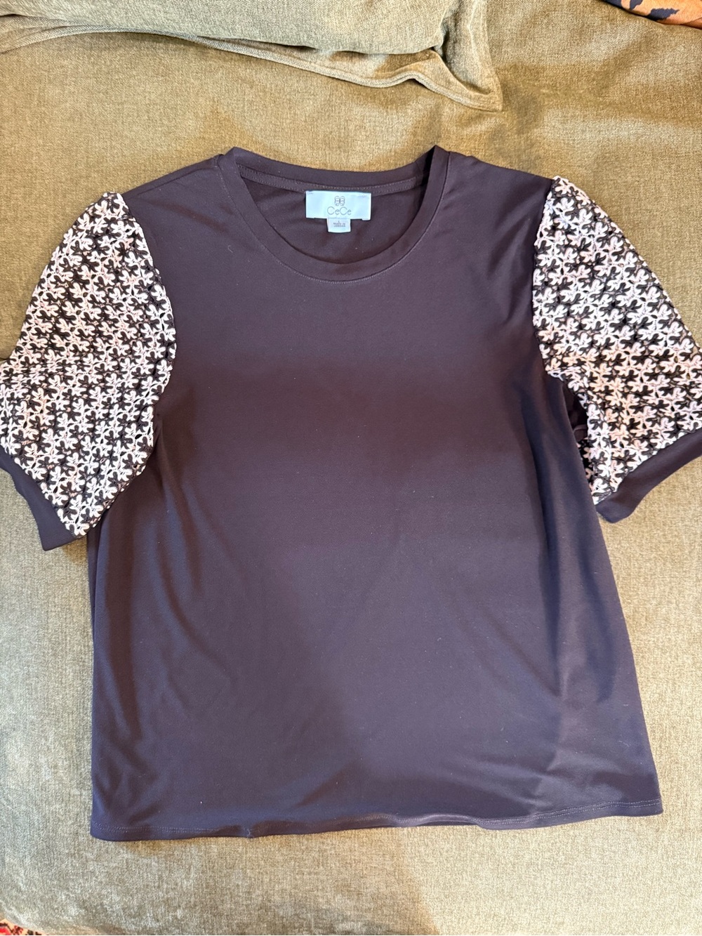 CeCe Black Sweater Tee with Patterned Puff Sleeves